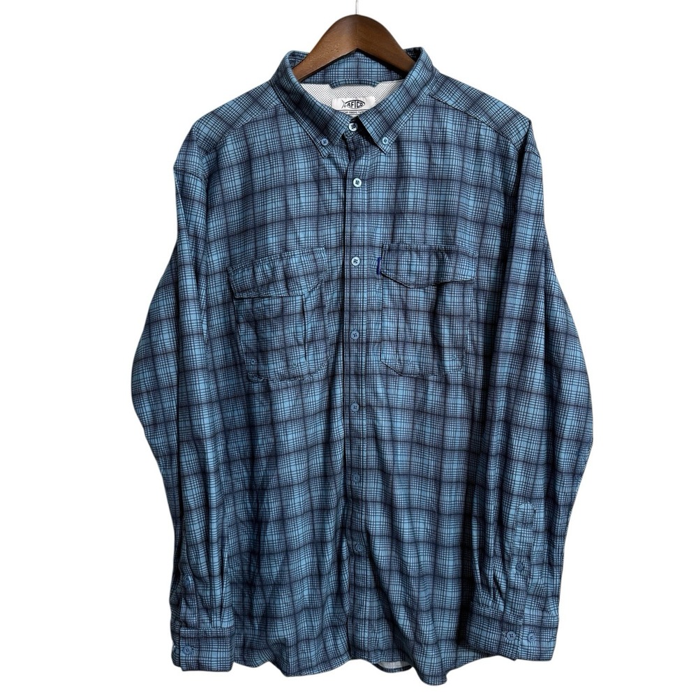 Aftco shirt men's XL blue plaid Aftech‎ outdoor fish nautical roll tab polyester
